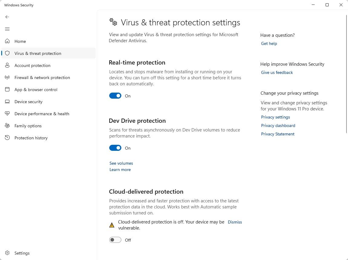 Real-time protection in Windows Security.