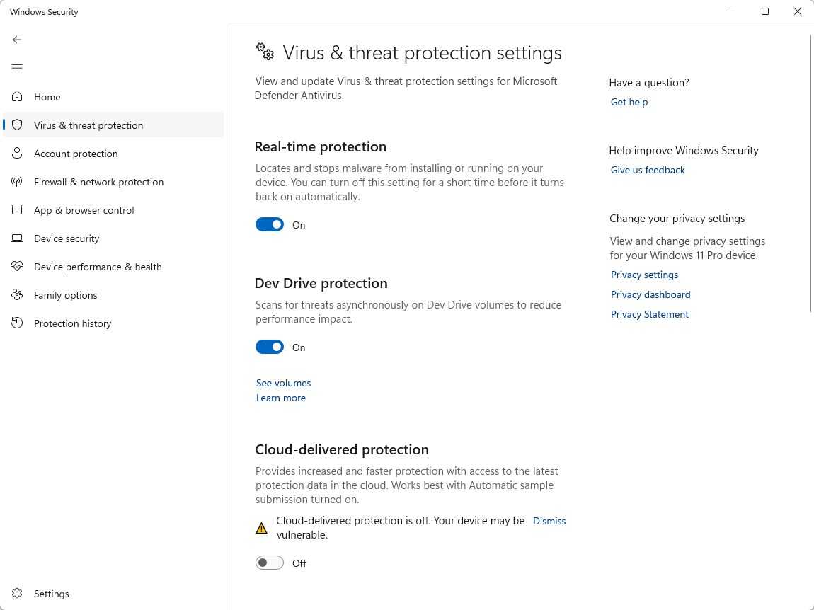 Real-time protection in Windows Security.