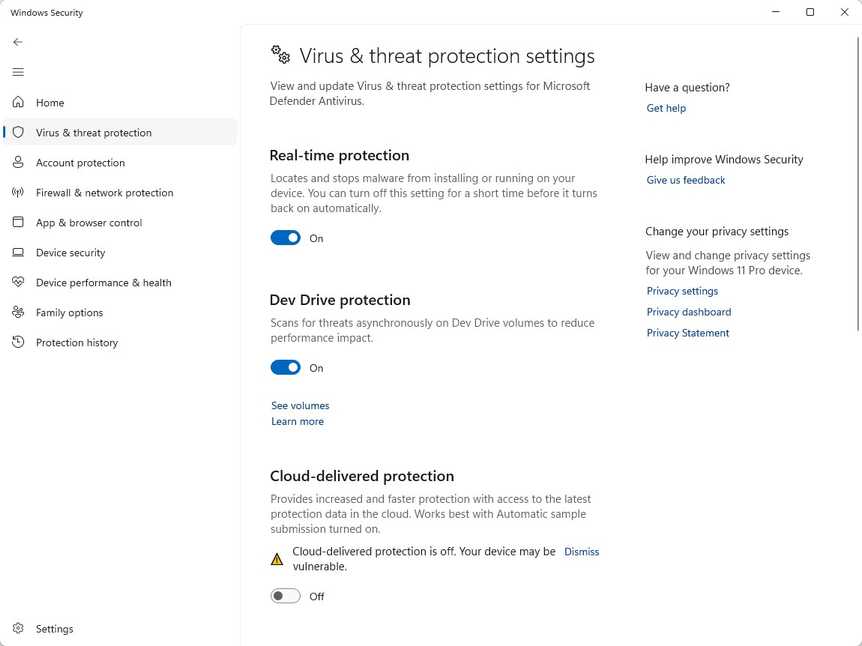 Real-time protection in Windows Security.