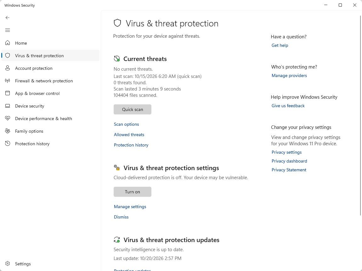 There are no current threats detected in Windows Security.