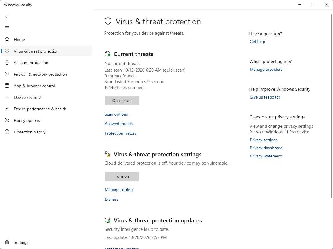 There are no current threats detected in Windows Security.