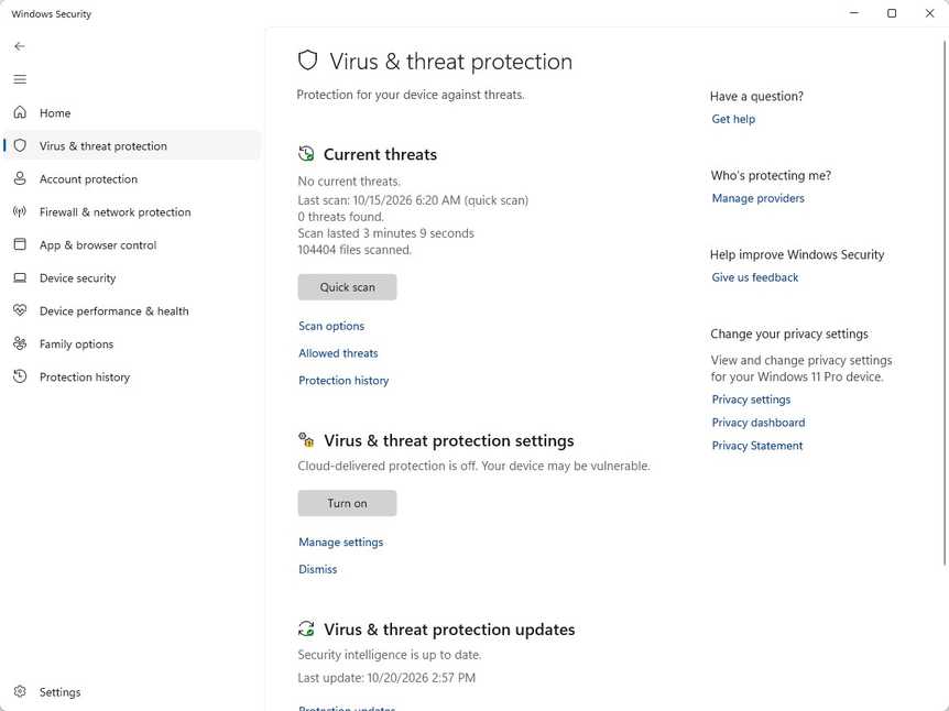 There are no current threats detected in Windows Security.