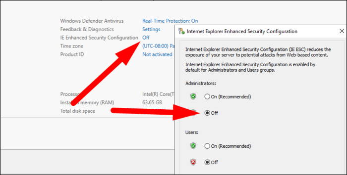 Under "Properties," find IE Enhanced Security Configuration and turn it off