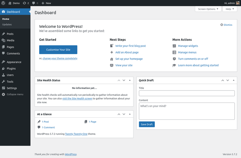 Screenshot of the WordPress dashboard after a clean install.