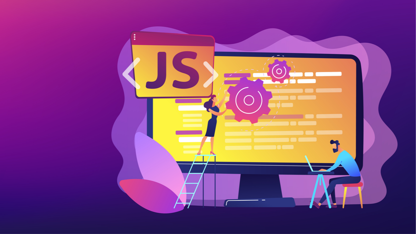 Illustration of a computer monitor showing a JavaScript symbol