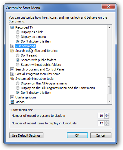 Enable Run Command on Windows 7 or Vista Start Menu
