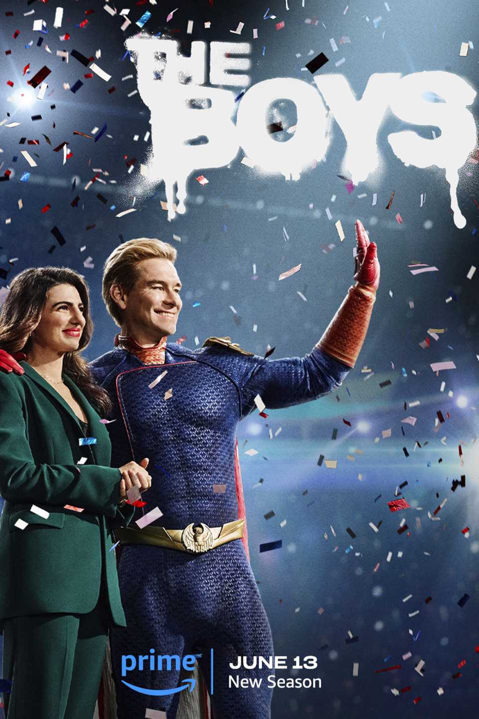 Post of season 4 of boys showing Homelander with Victoria Neuman surrounded by confetti