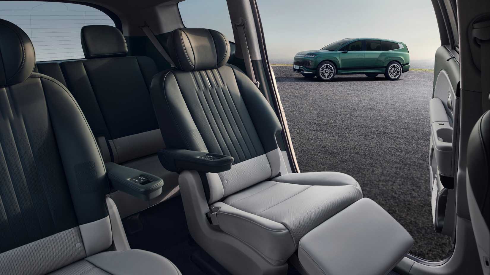 Shot of the reclining second-row seats inside the cabin of a 2026 Hyundai Ioniq 9.