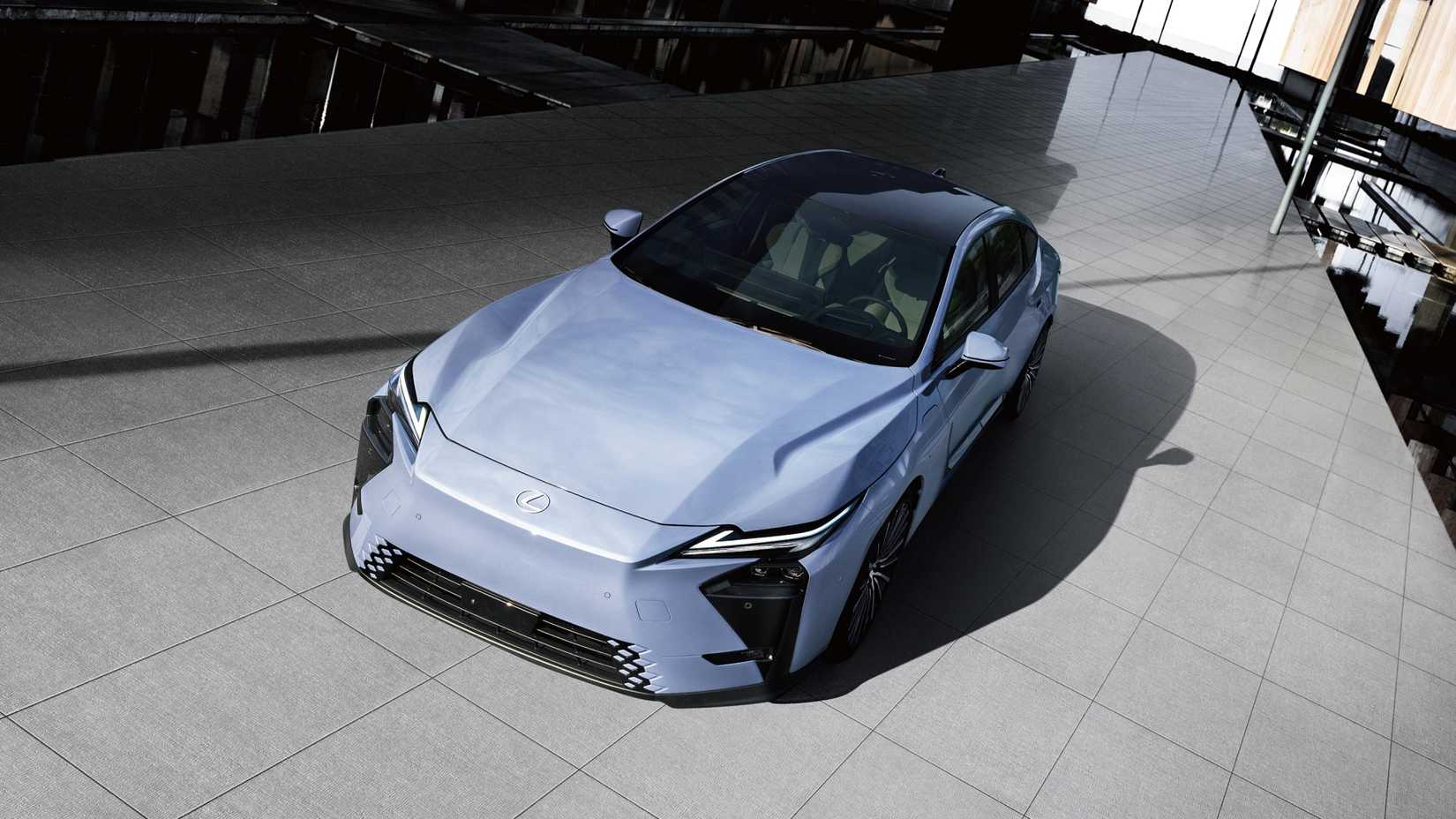 Static overhead shot of the exterior of a blue 2026 Lexus ES.