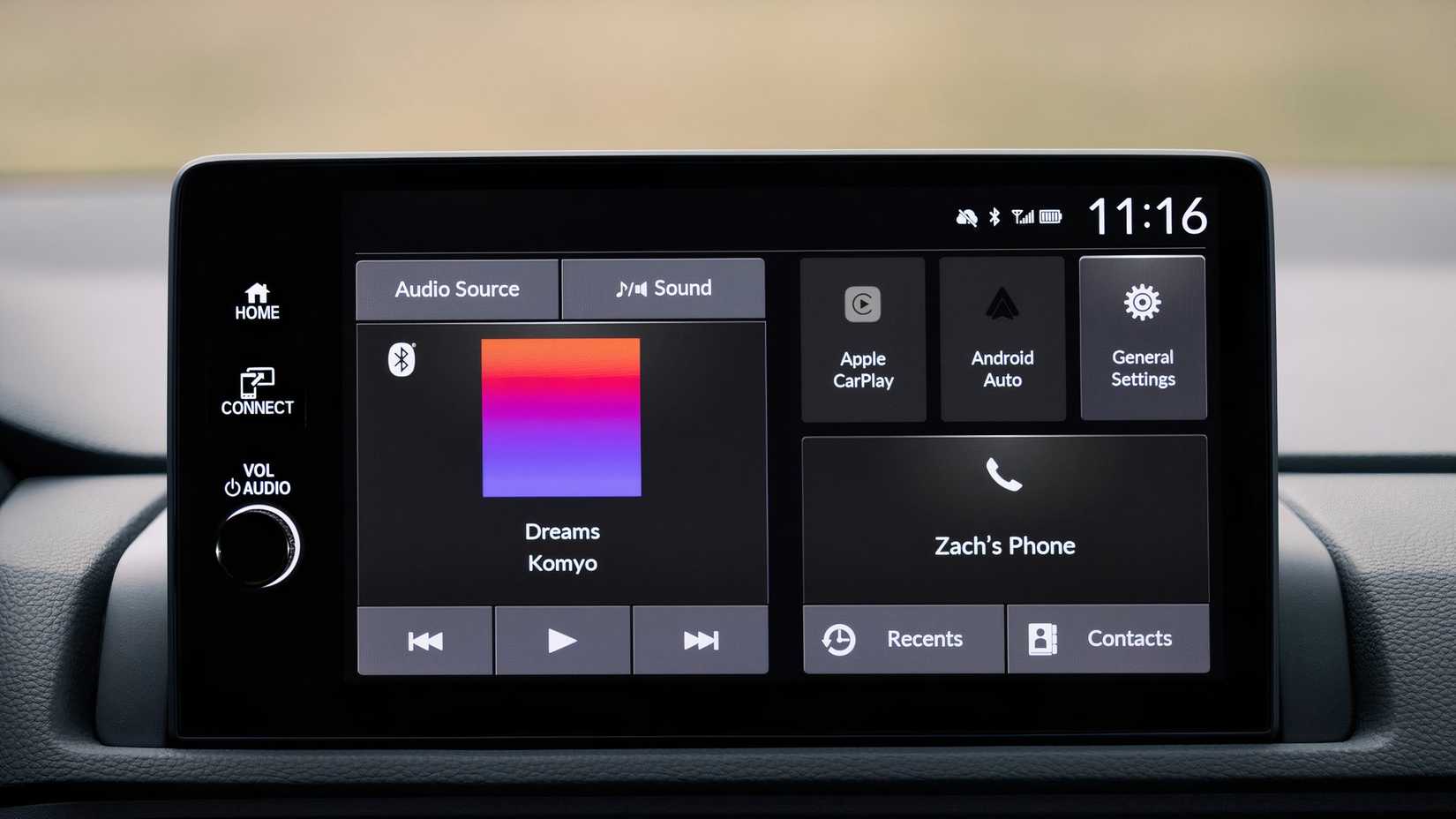 Close-up shot of the infotainment screen on the dashboard of a 2026 Honda CR-V Trailsport Hybrid.