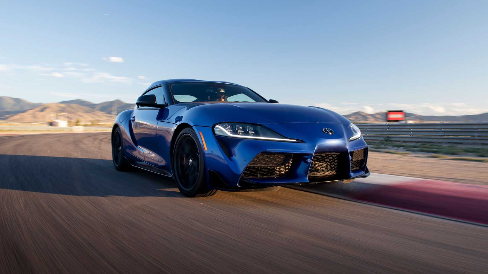 Front 3/4 action shot of a 2025 Toyota GR Supra