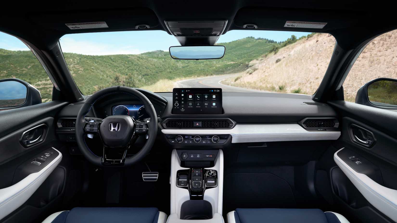 Plan du tableau de bord à l'intérieur de l'habitacle d'une Honda Prelude hybride 2026.