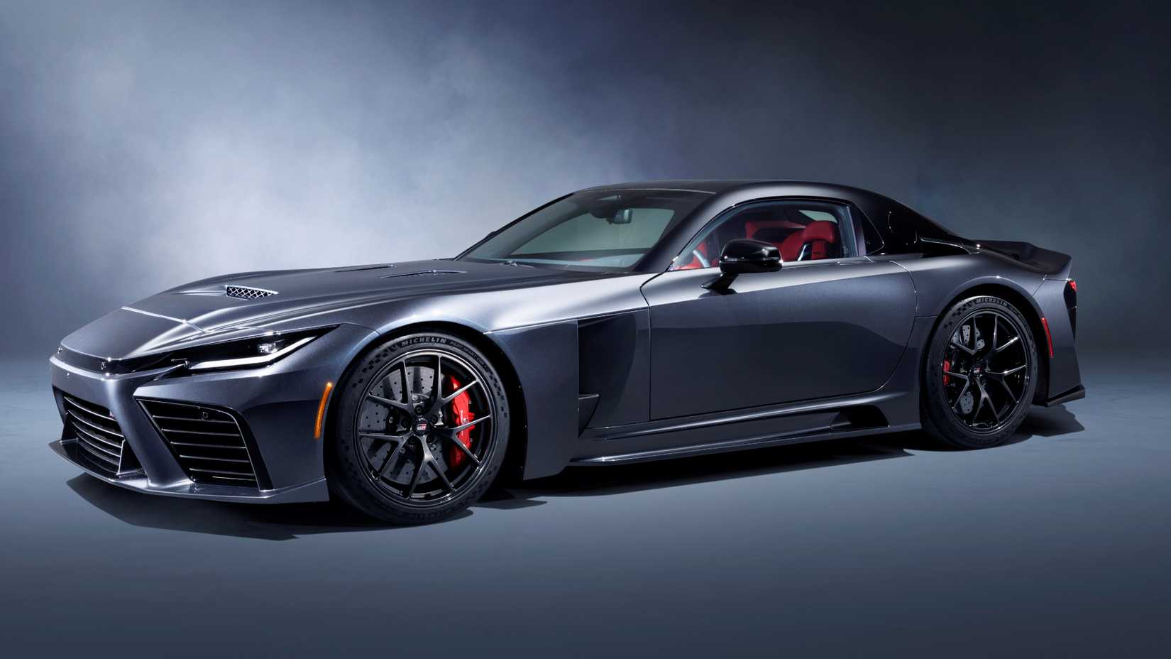 Static sid eprofile shot of a gray Toyota GR GT.