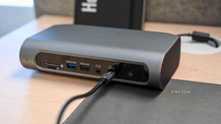 A Thunderbolt cable plugged into the Satechi Thunderbolt 4 Multimedia Pro Dock.