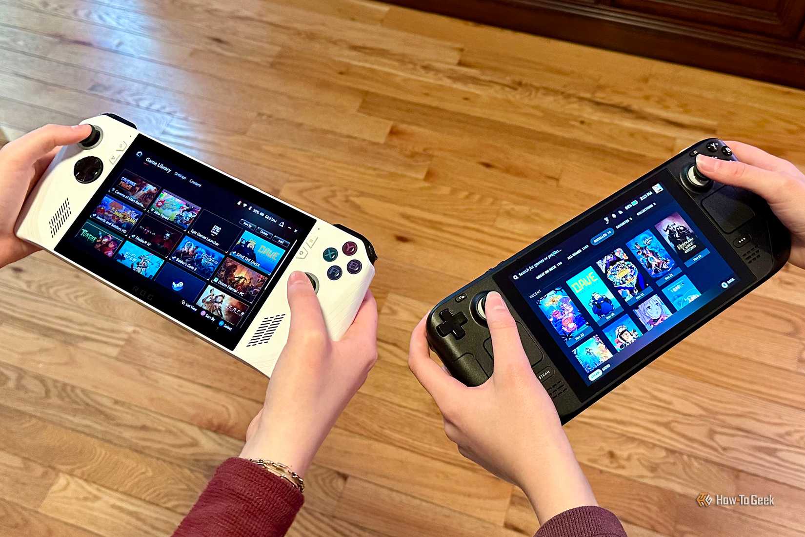 Asus ROG Ally and Steam Deck being held in hands.