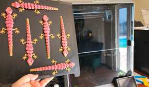 A hand holding up a 3D printer build plate full of gecko lizard models next to a Creality K1 Max 3D printer