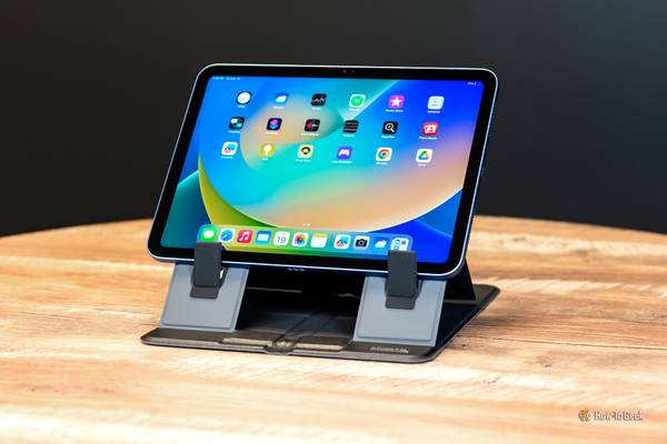 An iPad on the Plugable PT-STANDX Foldable Stand