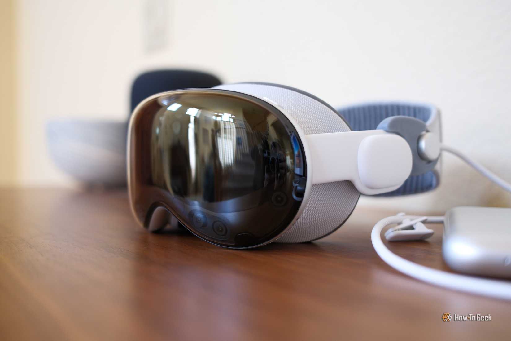 Close up side view of Apple Vision Pro headset.