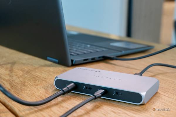 Rear view of the Satechi Thunderbolt 4 Slim Hub Pro connected to a laptop