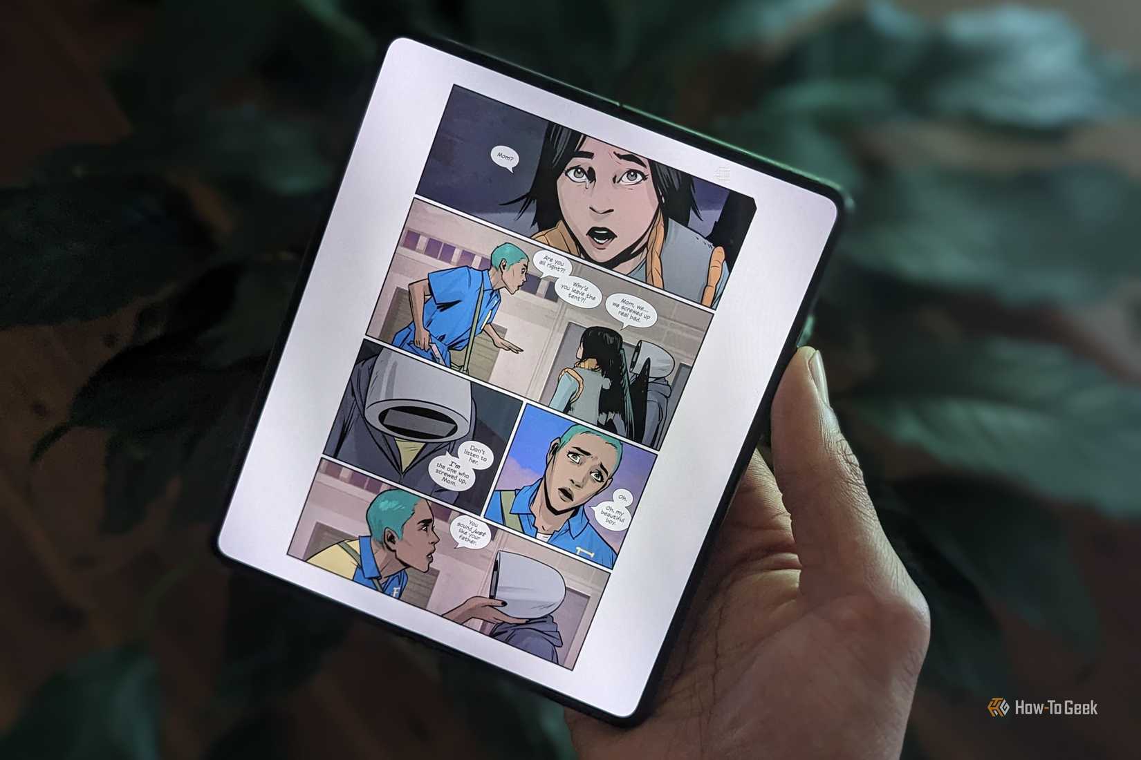 A digital comic open on a Samsung Galaxy Z Fold 5.