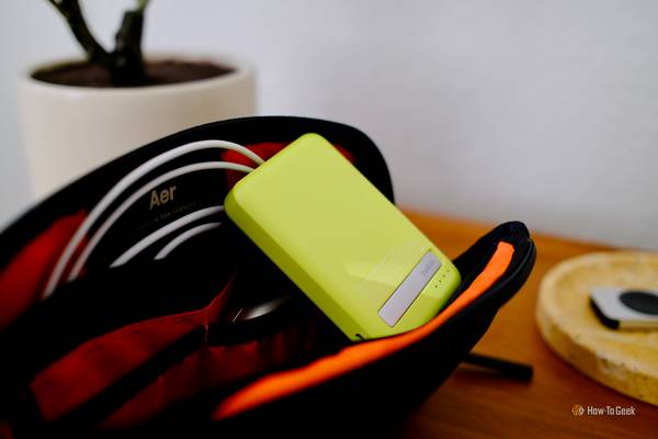 Belkin BoostCharge Pro Power Bank 5K laying in a small bag