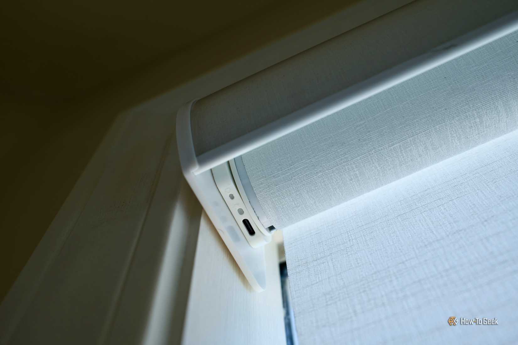 Charging port on BlindsMagic Smart Motorized Roller Shades.