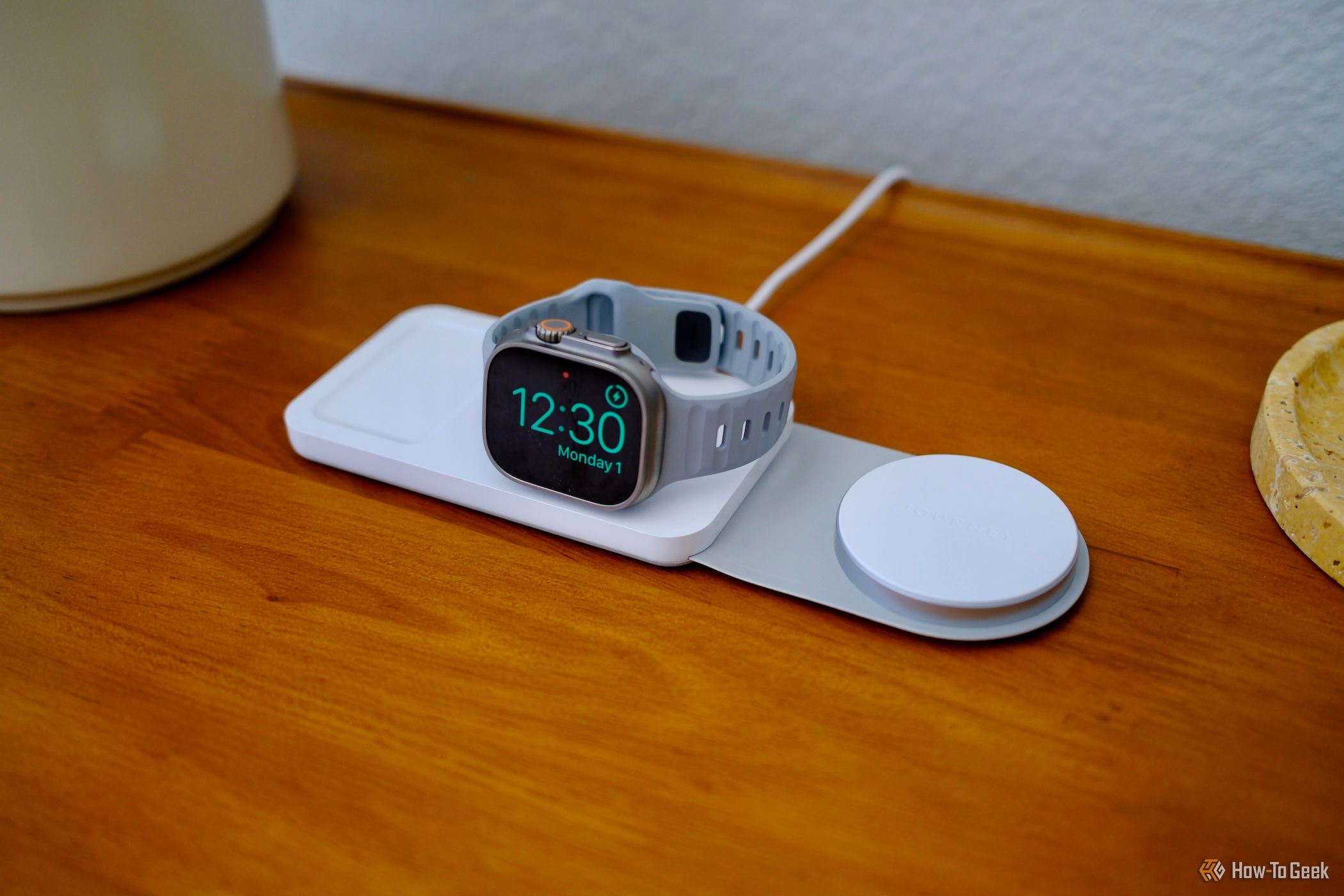 Apple Watch charging on Journey Swiv 3-in-1 charging station.