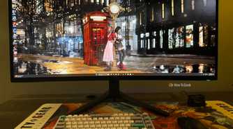 PC desktop on Alienware curved ultrawide monitor