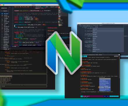 Несколько скриншотов Neovim с логотипом редактора в центре.
