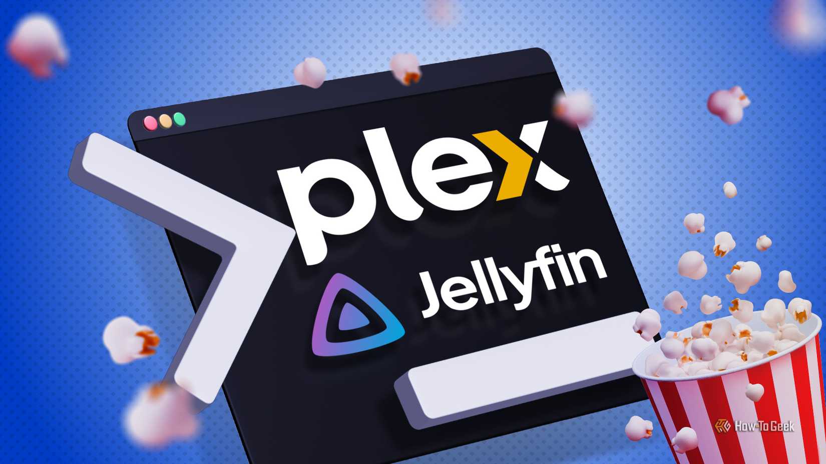 A terminal with Plex and Jellyfin logos and a bucket of popcorn next to it.