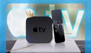 An Apple TV 4K 1st gen with a crown and the Apple TV logo in the background.