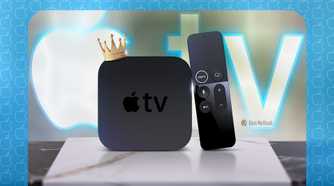 An Apple TV 4K 1st gen with a crown and the Apple TV logo in the background.