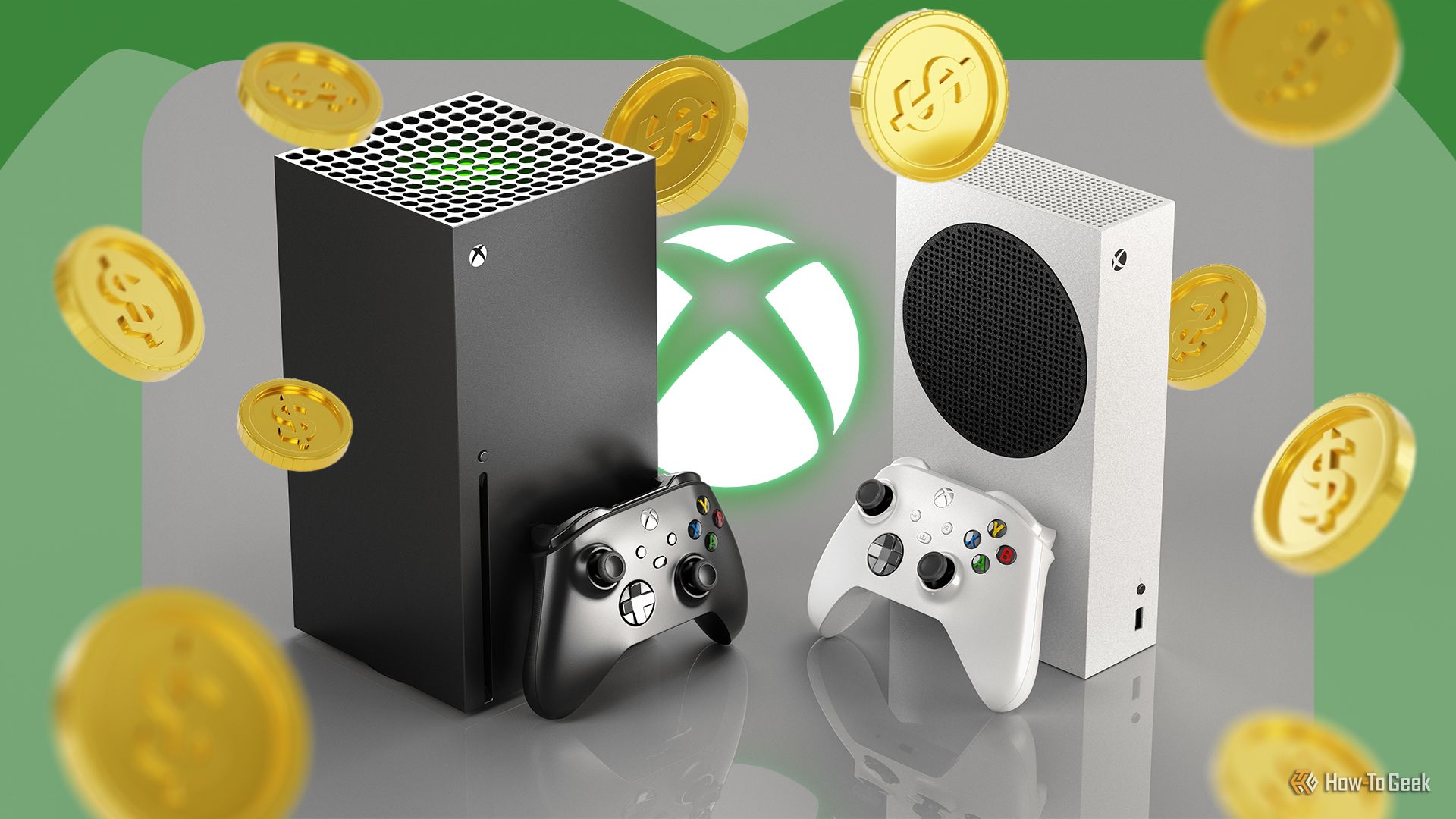 An Xbox Series S and a Series X with the Xbox logo in the background and several coins around them.