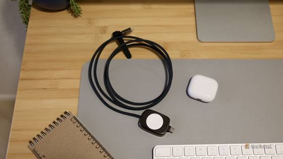 The Nomad hybrid Apple Watch and USB-C charger on a desk.