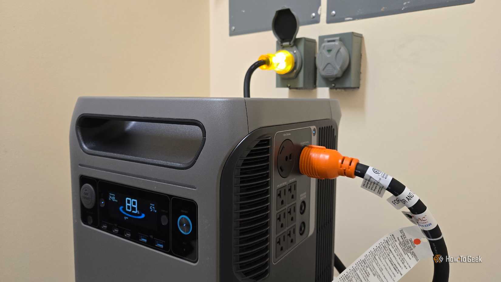 An Anker F3800 Plus plugged into a home via a generator inlet port.