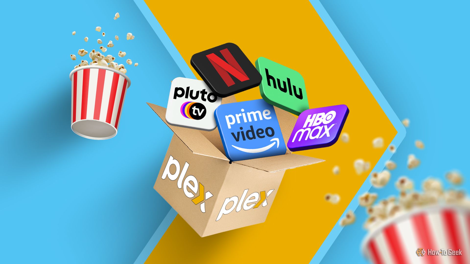 A cardboard box with the Plex logo, some streaming services logos coming out of it and two popcorn buckets beside.