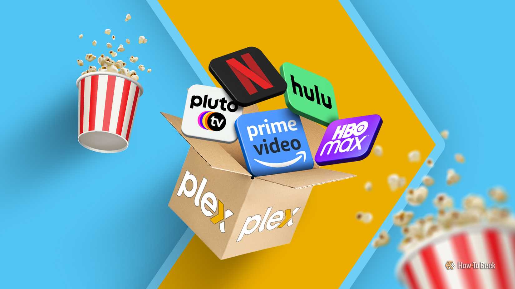 A cardboard box with the Plex logo, streaming service logos sticking out of it, and two buckets of popcorn next to it.