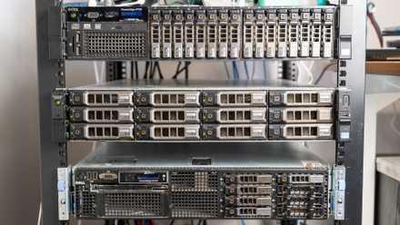 A cluster of rack-mounted enterprise-grade storage servers.