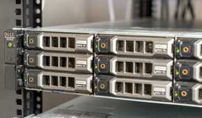 The front of the Dell R720xd storage server with hard drive bays.