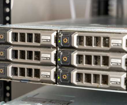 The front of the Dell R720xd storage server with hard drive bays.