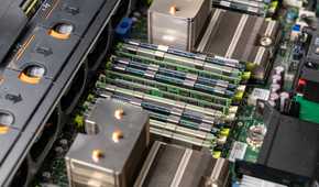 Inside of a Dell R720xd storage server with all of the RAM slots populated.