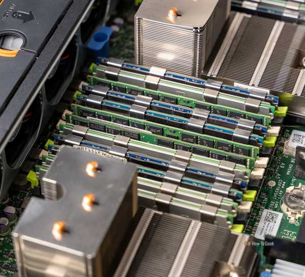 Inside of a Dell R720xd storage server with all of the RAM slots populated.