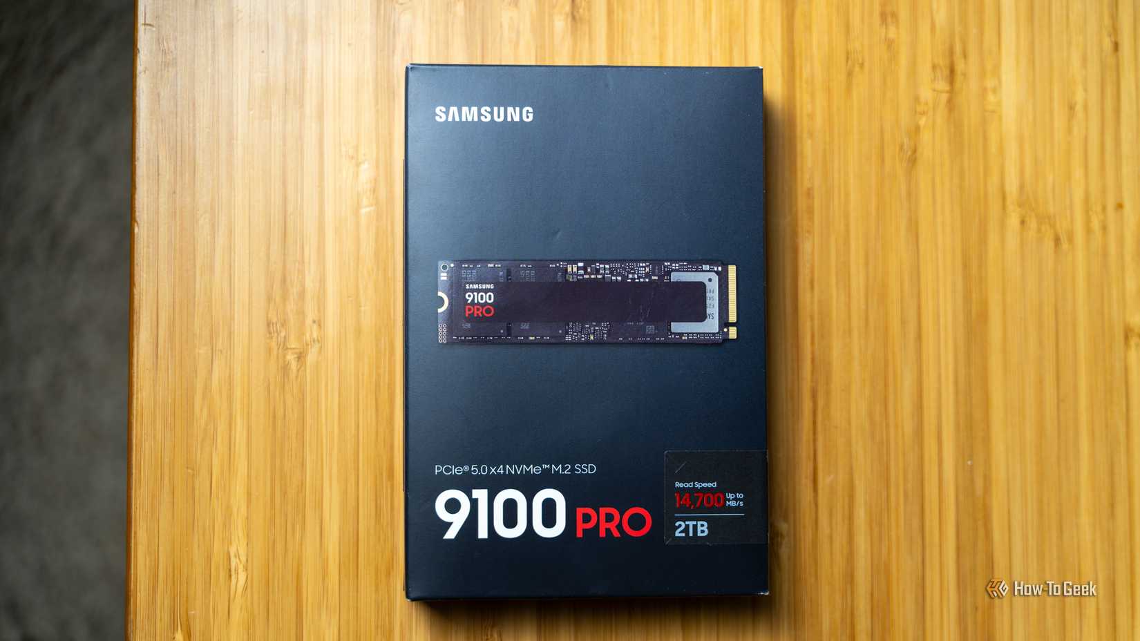 The Samsung 9100 PRO NVMe SSD box sitting on a desk.