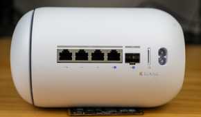 The back Ethernet and SFP+ ports of the Unifi Dream Router 7.