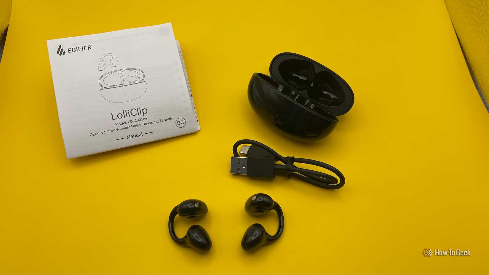 The Edifier LolliClip TWS Earbuds and accessories.