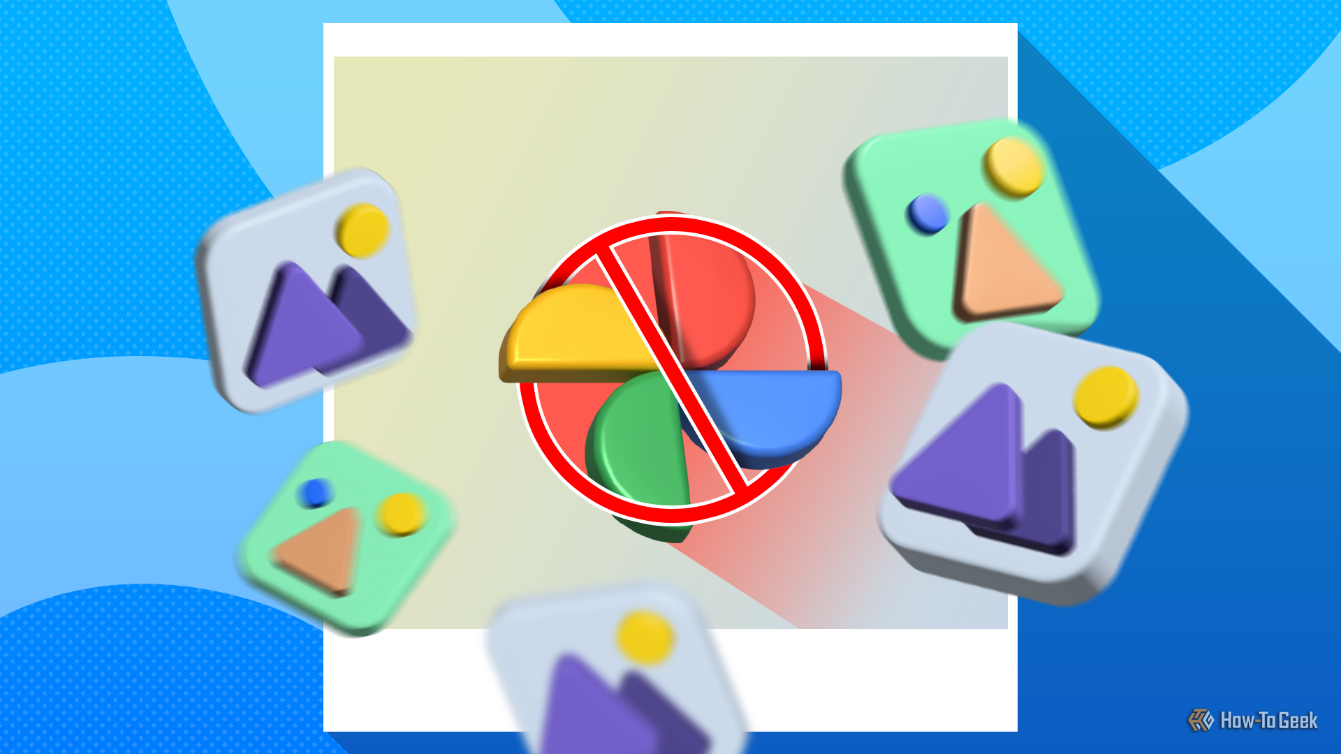 Logotipo do Google Fotos riscado com miniaturas de imagens ao redor.