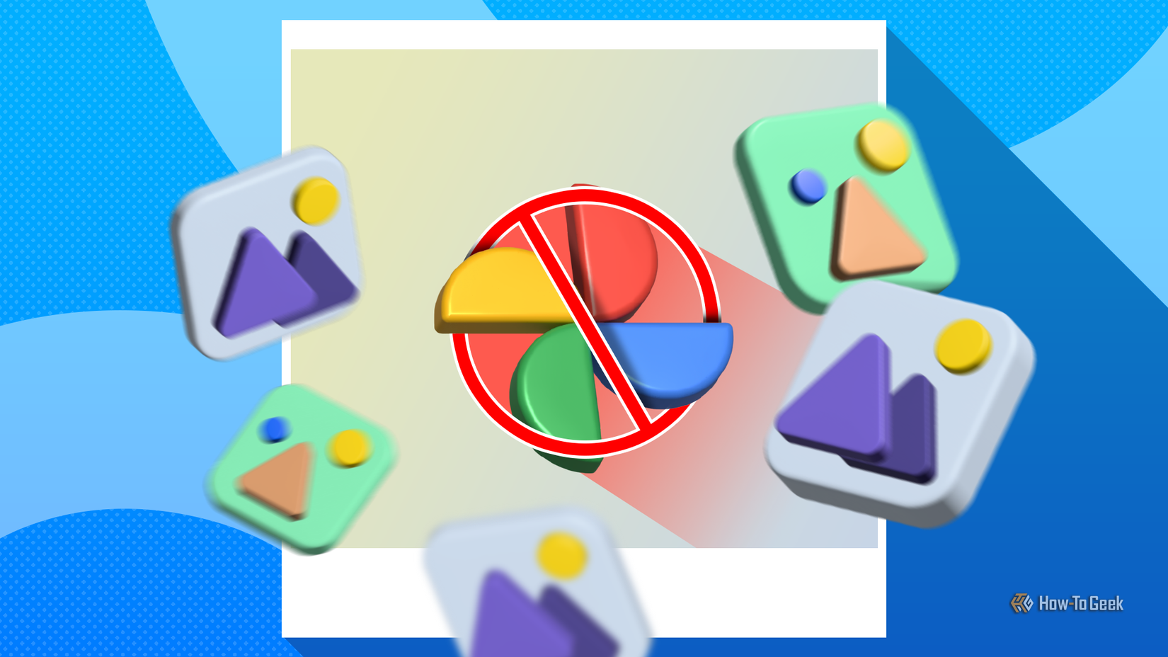 Google Photos logo crossed out with image thumbnails around it.