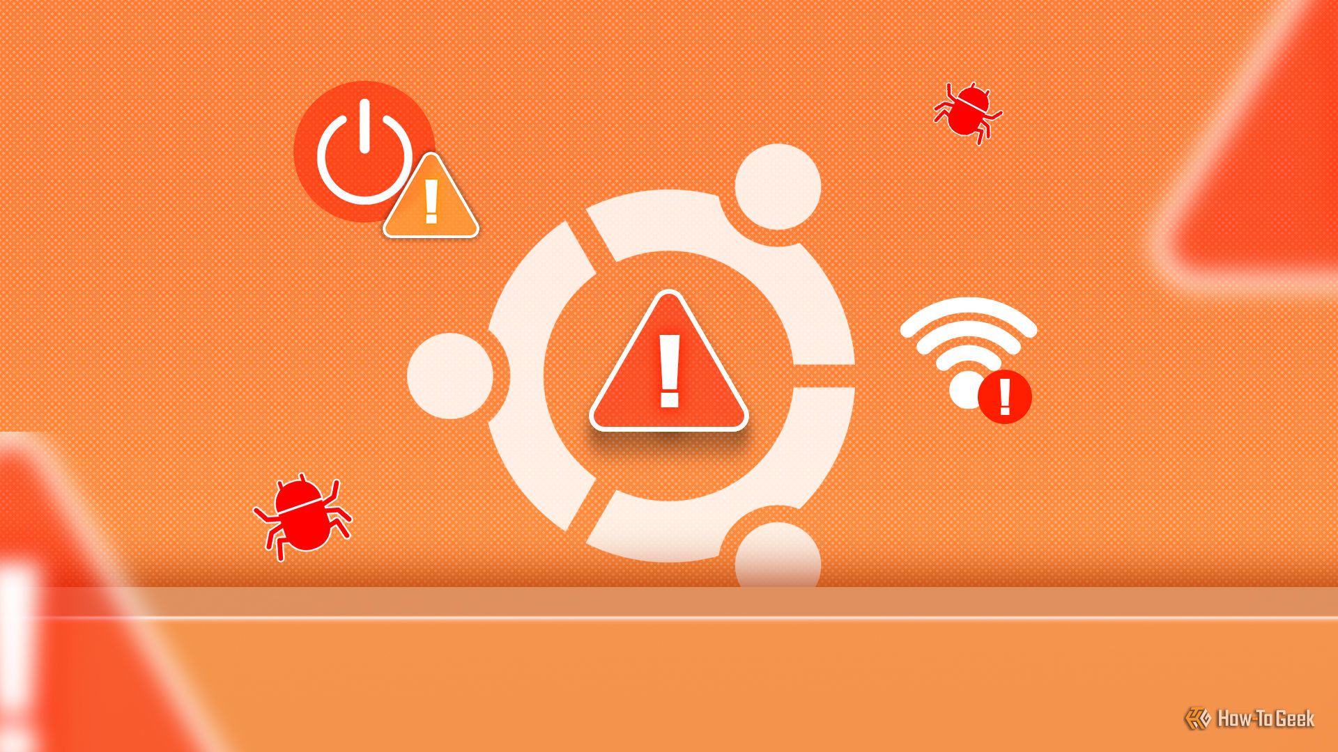 Ubuntu logo with some alert and error icons around it.