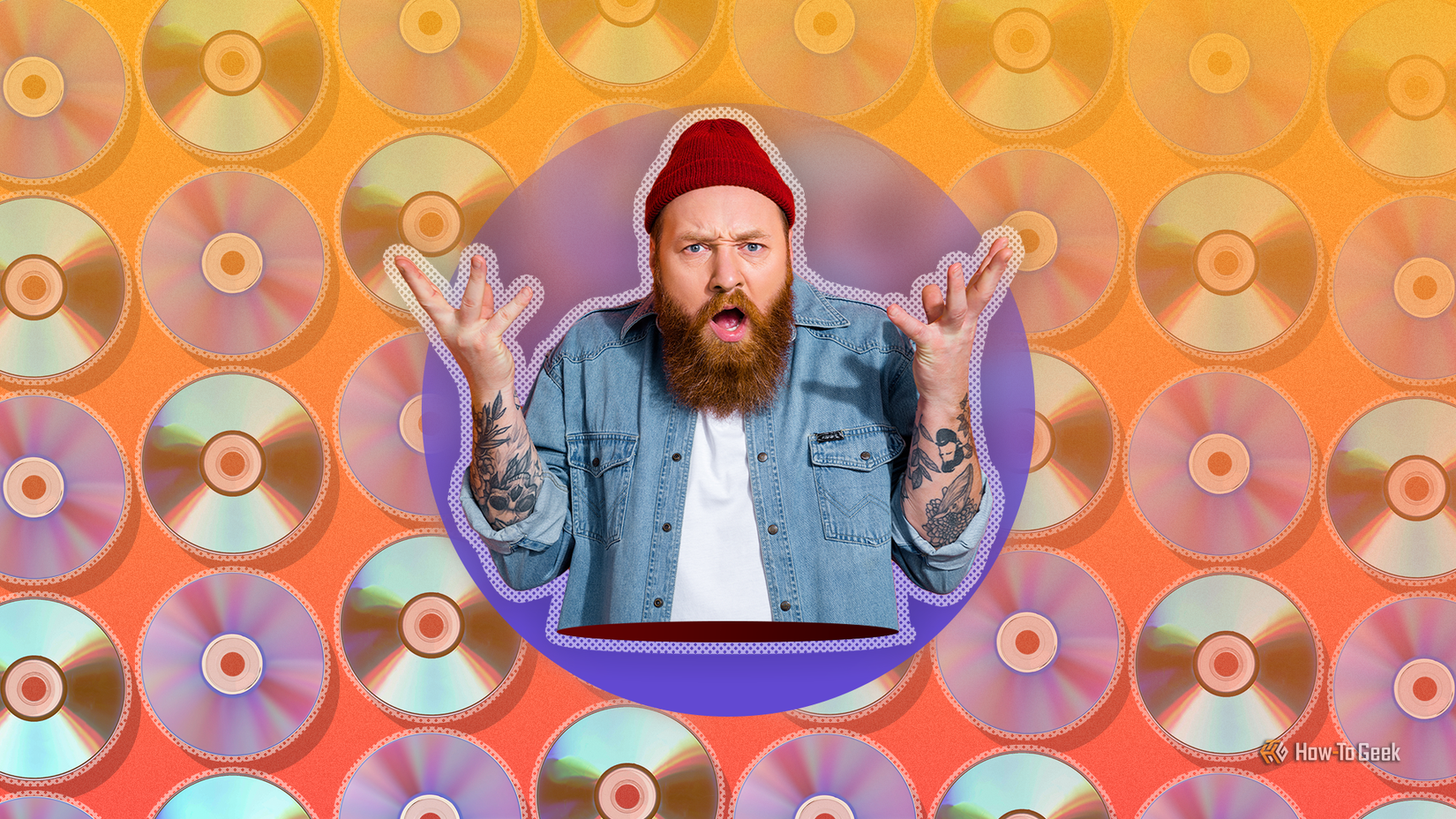 A man with an annoyed expression and several Blu-ray and DVD discs in the background.