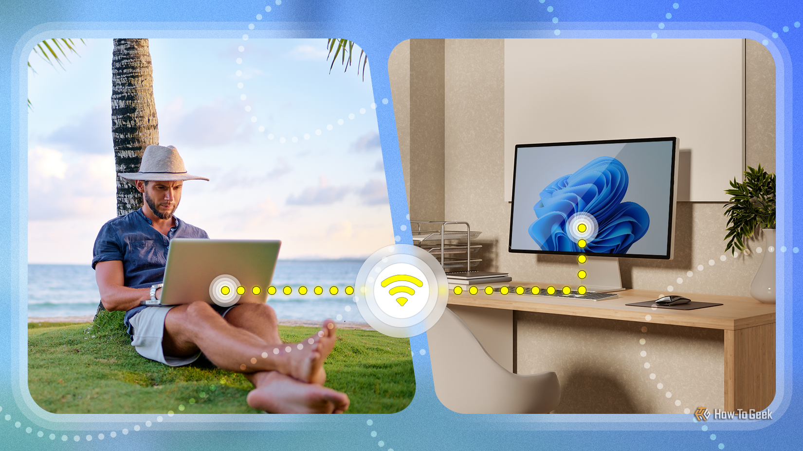 A man working on a laptop under a palm tree, remotely connected to a desktop PC in an office.